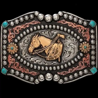 A women's western belt buckle featuring a horse head and turquoise stones